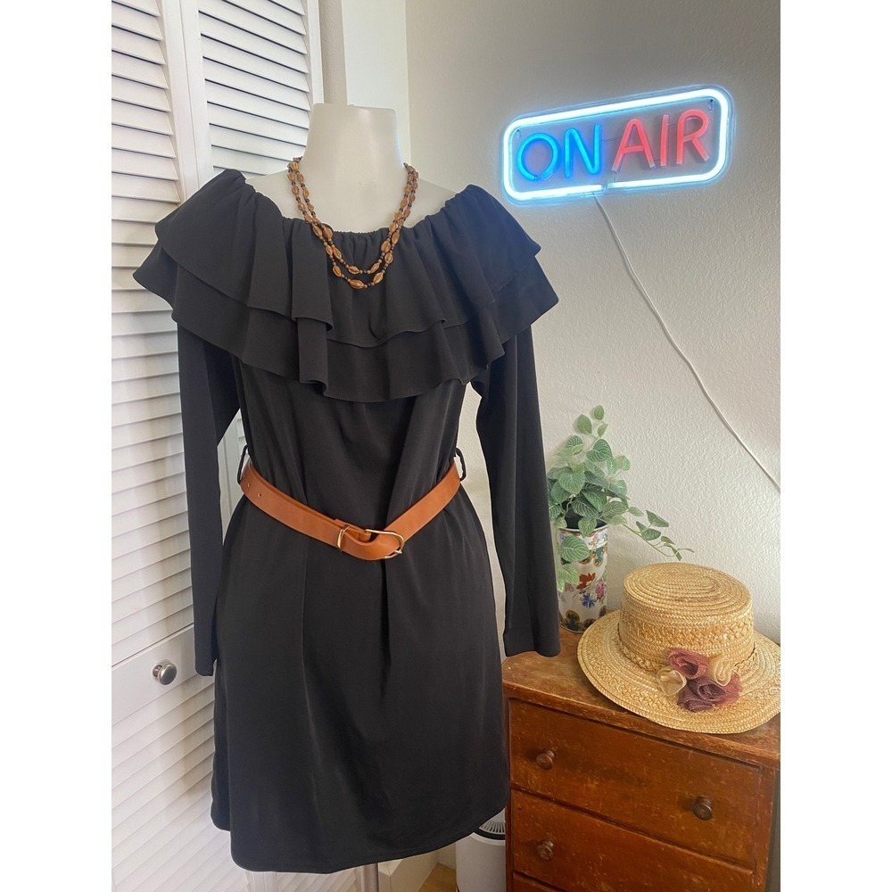 Black Off The Shoulder Ruffle Long Sleeve Dress -‎ Missing Belt